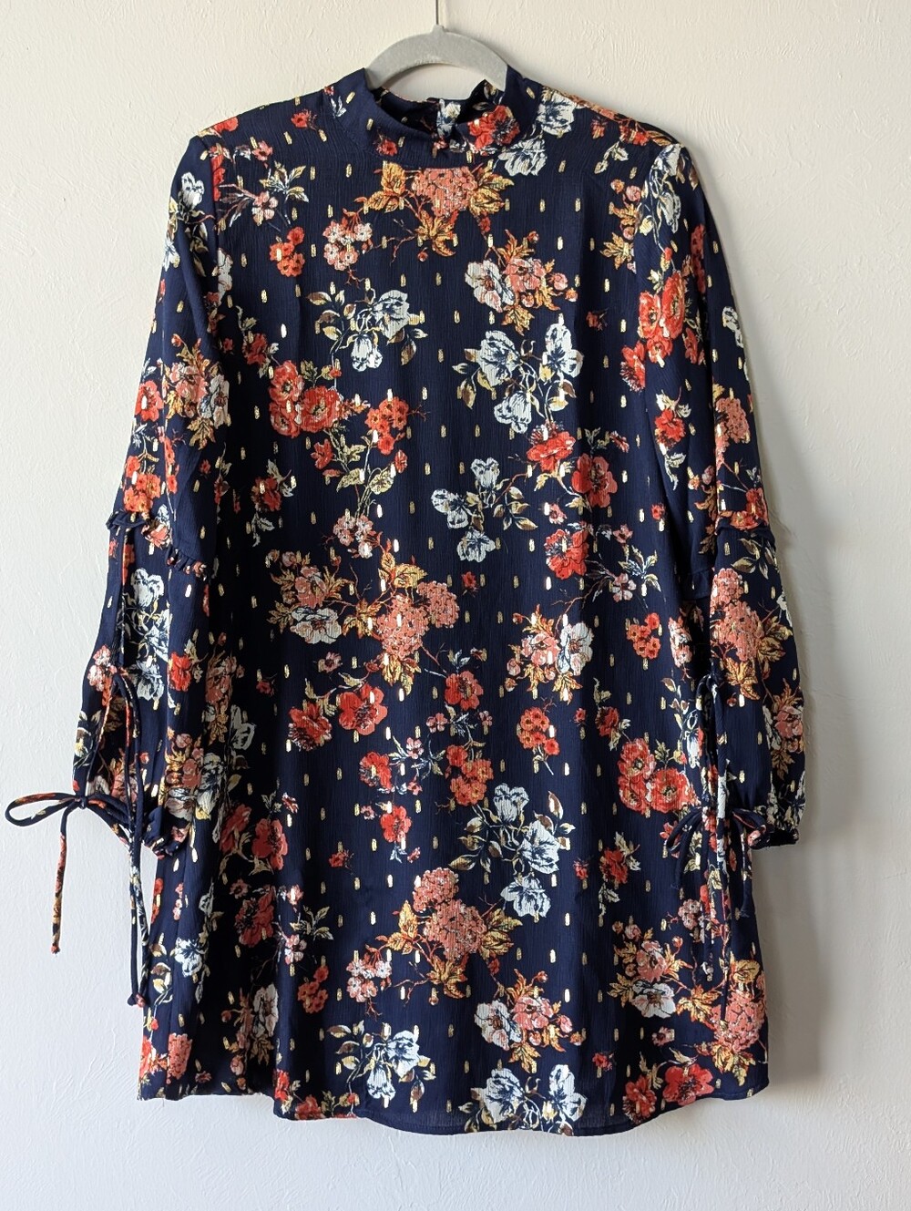 City Triangles Boho Floral Blue Multi Color Mettalic Gold Splash Dress Size L